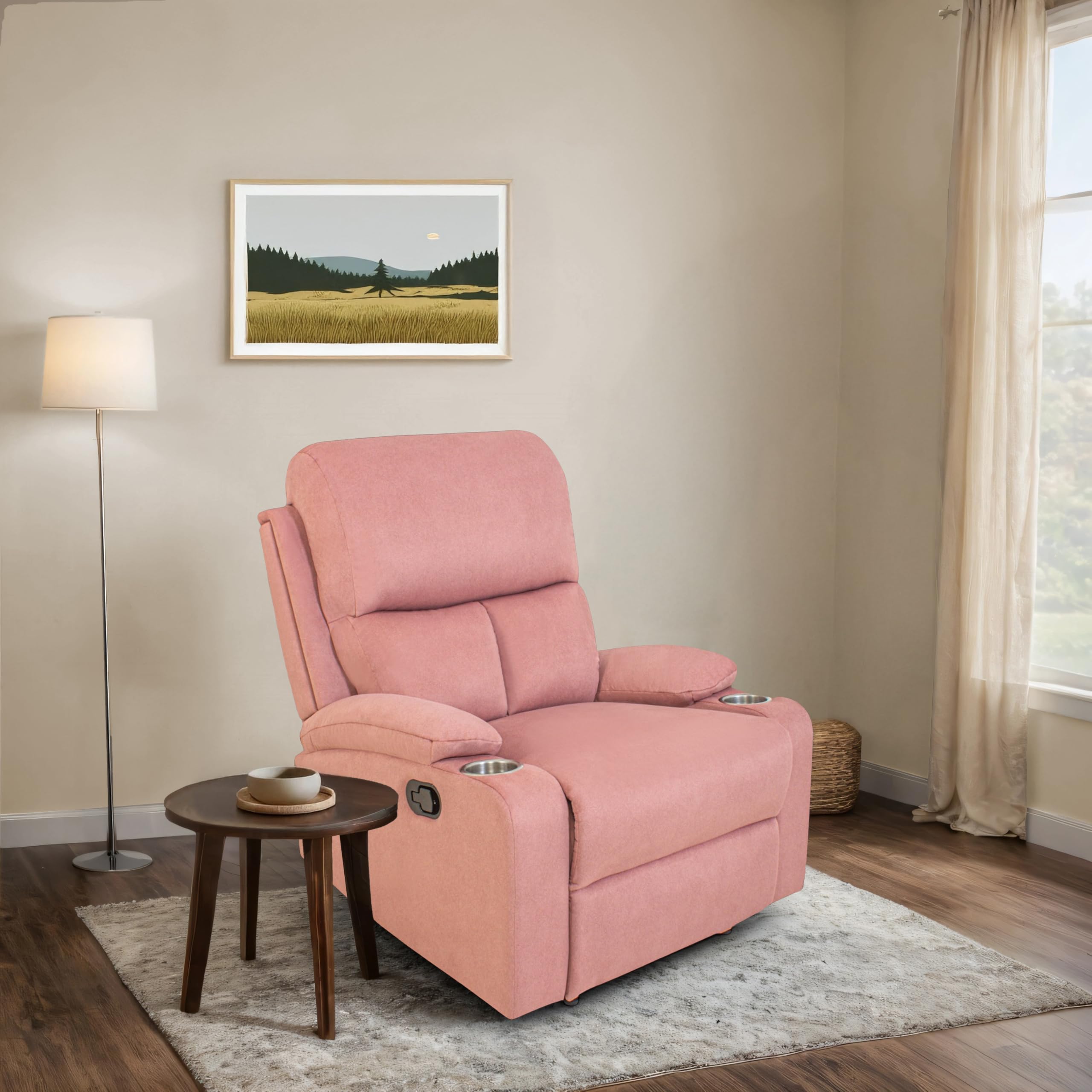 Peachtree Manila Manual Recliner- 3 Years Warranty, Pink | 1 Seater Chair Sofa | 3 Modes of Comfort | Mango Wooden Frame with Suede Fabric | Single Seater Sofa Recliner for Living Room Bedroom-picture-12