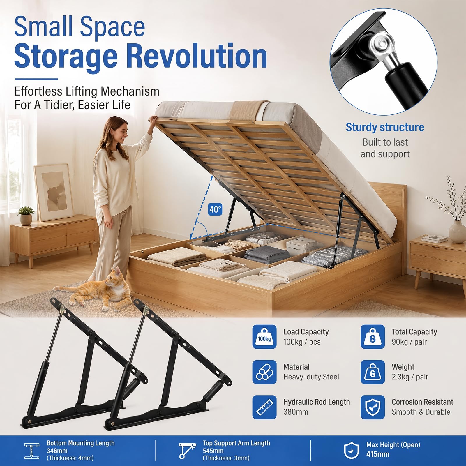 2 Stück Gasdruckfeder 900N/90kg, Gasdruckdämpfer Bettkasten Hebemechanismus, Schwerlast Hebescharniere für Bett mit Stauraum, Klappmechanismus Lift Up Feder, Stahl Möbelbeschlag für Sofa & DIY