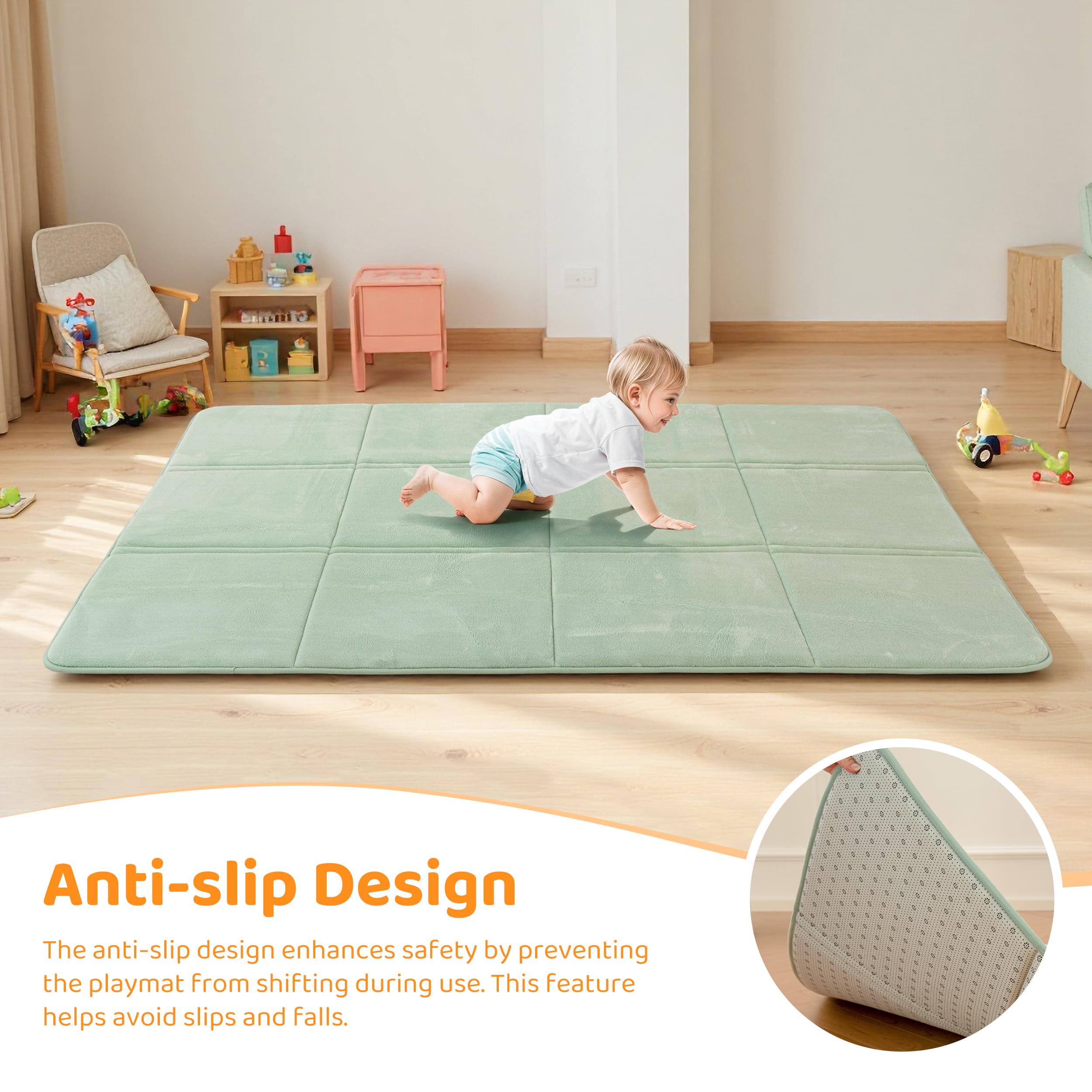 BYBYME 3cm Thick Baby Play Mat for Floor, 120 * 180cm Foldable Playpen Mat with Non-Slip Backing for Infant, Kids and Toddler Crawling, and Perfect Carpets for Yoga, Exercise, Light Green - 3
