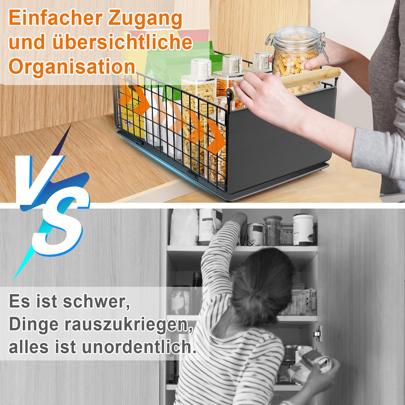2 Artikel Ausziehbare Schublade Küche, Hochwertiger Karbonstahl Ausziehbarer Schrank Organizer, Ultraleise Teleskopschublade, 40cm x 23cm x 20cmGeeignet für Küche, Bad, Speisekammer