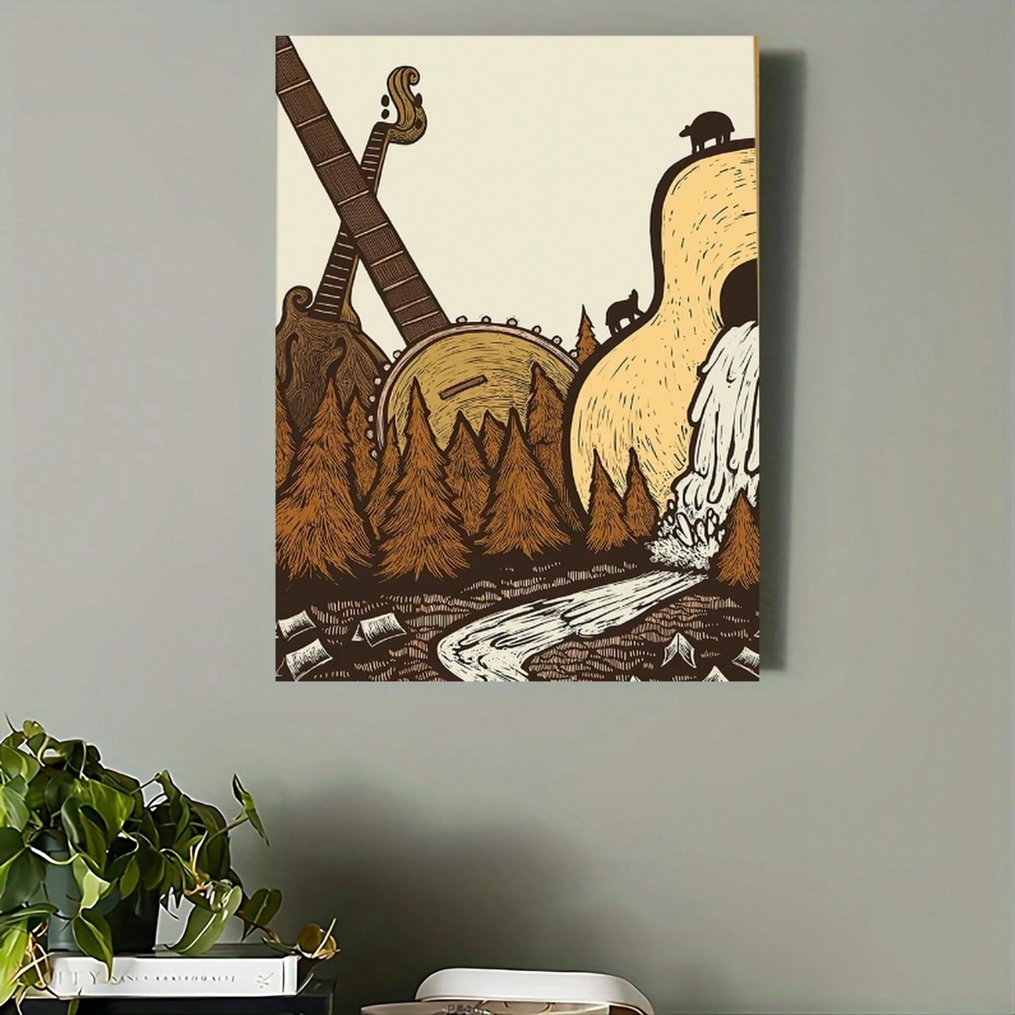 LYBCEOUG Quadro su tela con chitarra e paesaggio naturale a tema musica country (50x70 cm/con cornice)