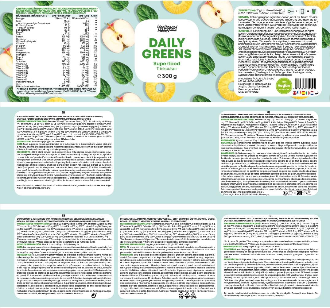Daily Greens Superfood Pulver (300 Gramm) mit Vitaminen, Mineralstoffen, Veganem Protein und Ballaststoffen I Gerstengras, Vitamin D3, Vitamin B12, Zink I Smoothie Pulver
