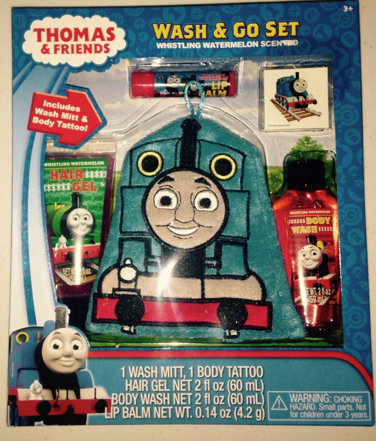 Thomas Train and Friends Wash & Go Bath Set - Whistling Watermelon Scented - Wash Mitt, Hair Gel, Body Wash, Lip Balm and Tattoo!