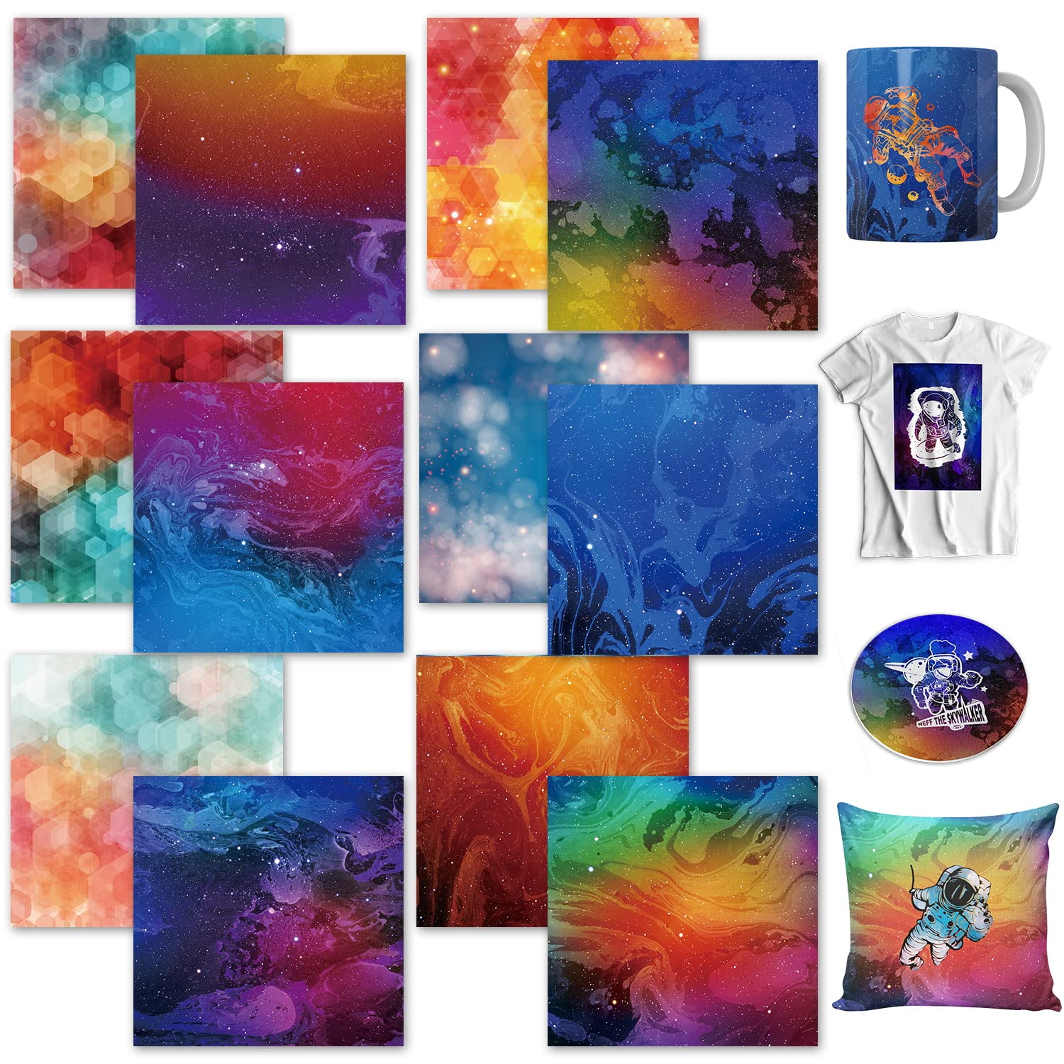 Sublimation Transfer Sheets, Galaxy Heat Transfer Paper 12 Packs, 12"X12" Rainbow Sublimation Sheet for DIY T-Shirt for Mugs, Canvas Tote