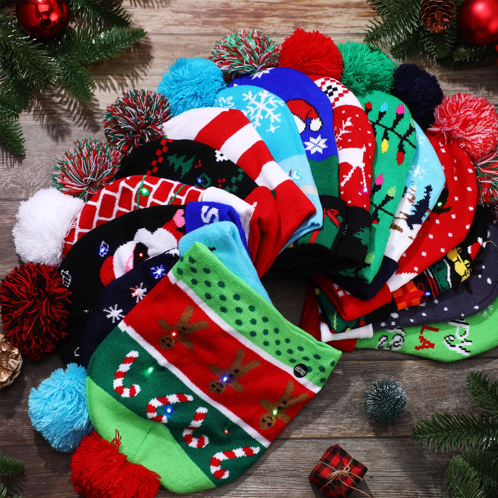 Vicenpal 15 sztuk bożonarodzeniowych czapek beanie LED Boże Narodzenie rozświetlana dzianinowa czapka miga świąteczny sweter czapka świąteczne artykuły imprezowe, jak pokazano na zdjęciu, jeden