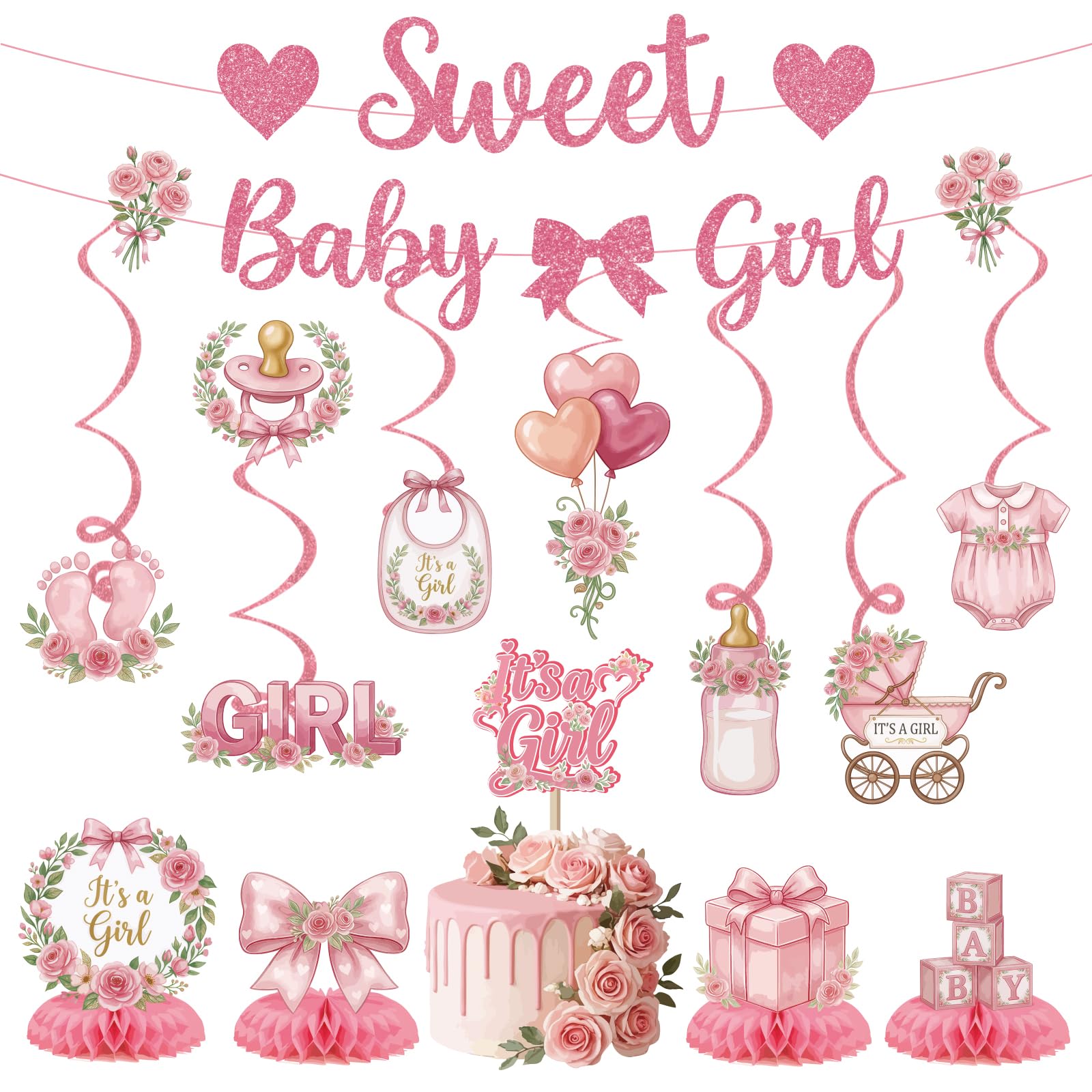 Sweet Girl Baby Shower Banner - Pink Baby Shower Decorations Party Backdrop