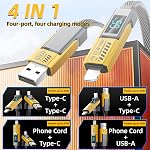 4-in-1 USB C câble avec affichage de puissance, 65W 3A Câble à charge multiple en Nylon plat avec Synchronisation de données,USB A/C à USB Port C/L compatible avec iPhone 17/16/15/MacBook/Tablet/Samsung S25 Téléphone & Encore, 2M