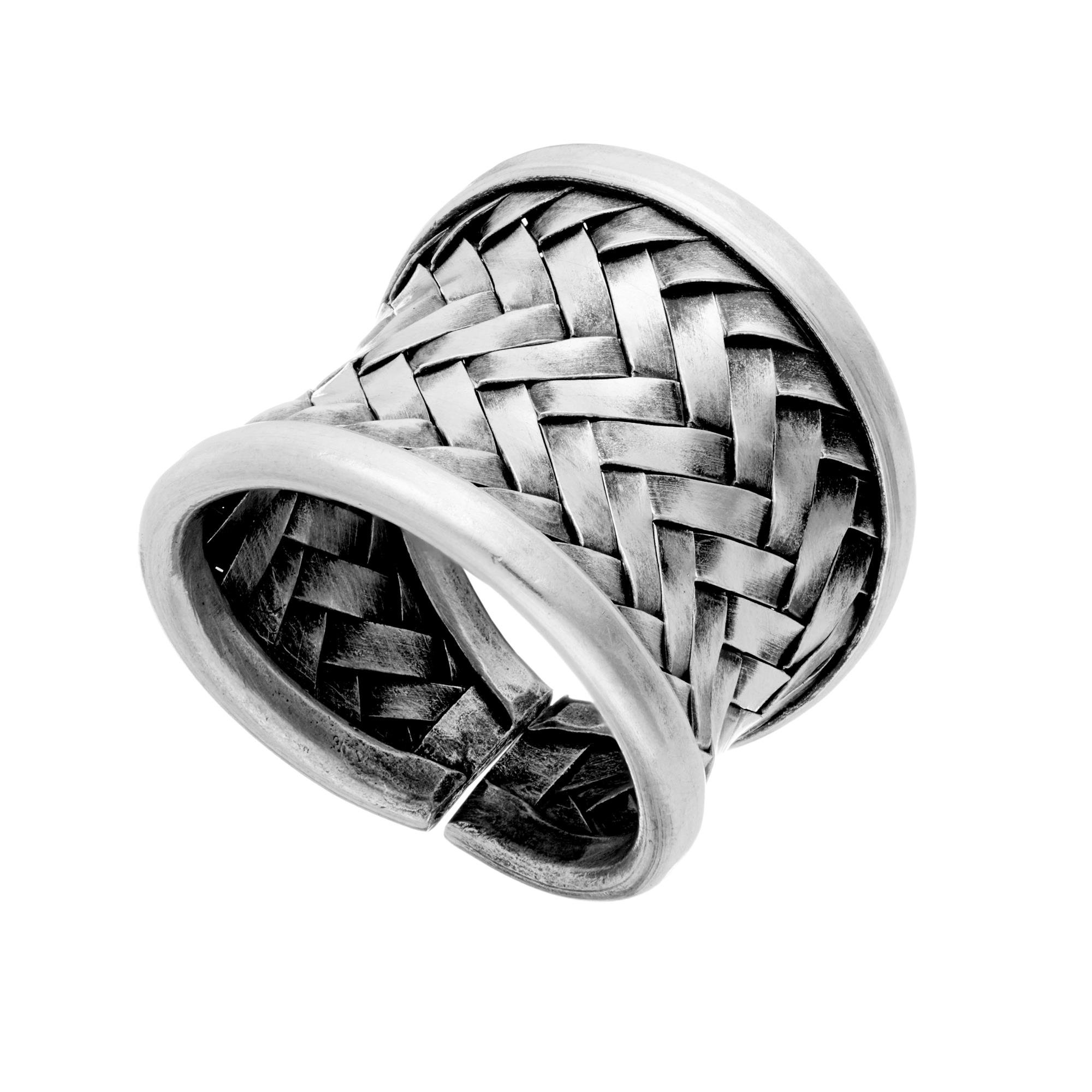 81stgeneration Hill Tribe Anillo Ajustable de Tejido de Canasta Ancho en Plata Pura | Banda Tejida Cóncava de Plata 999 para Mujer | Diseño Rústico Texturizado | Joyería Tribal Estilo Medieval