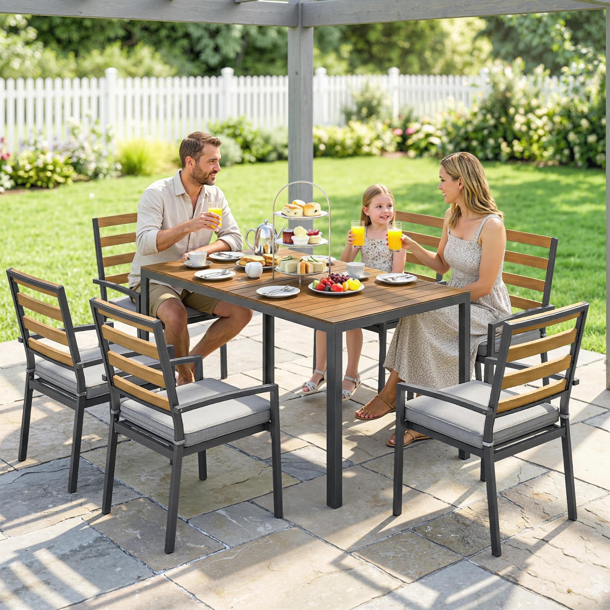 Outsunny 7 TLG. Sitzgruppe Gartenmöbel-Set, Gartengarnitur mit 1 Esstisch, 6 Stühlen, Sitzgarnitur mit Kissen, für Terrasse, Naturholz