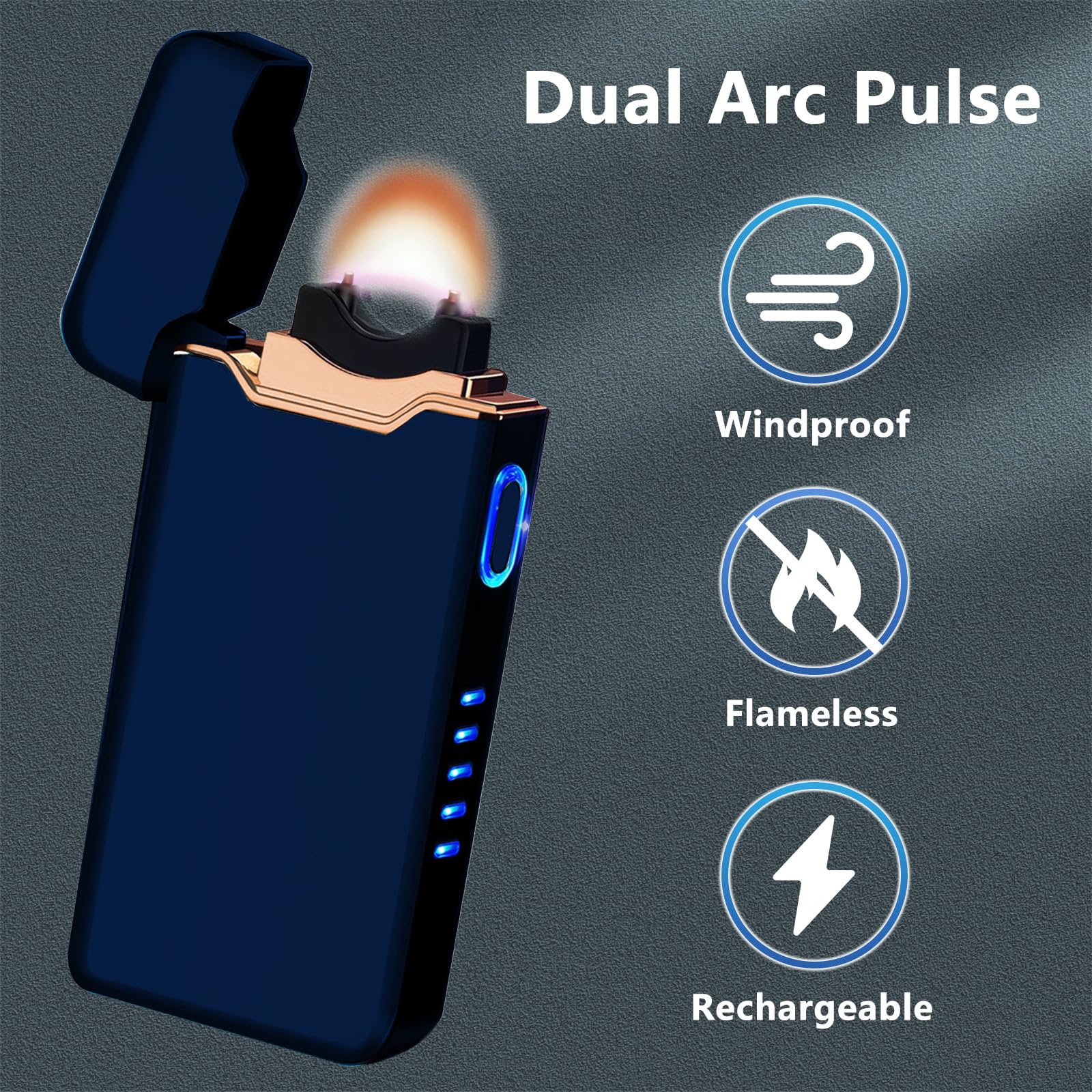 Briquet électrique plasma USB-C rechargeable avec boîtier en métal et indicateur de niveau de charge pour feux d'artifice, camping, bougies, barbecue, extérieur, bleu