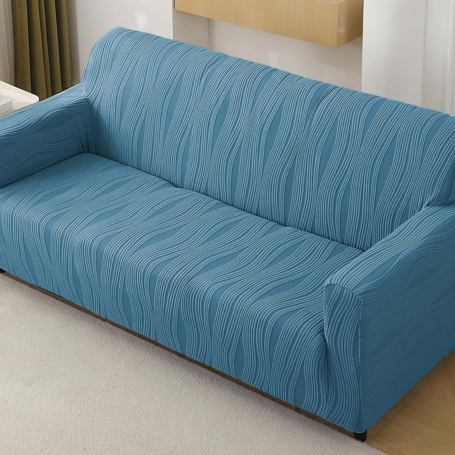 HOKIPO 200 GSM Premium Knitting Jacquard Fully Covered Stretchable Sofa Cover for 3 Seater, 'Nestiva Series' Sea Blue (NEW2-AR-5309-BL)-image-5