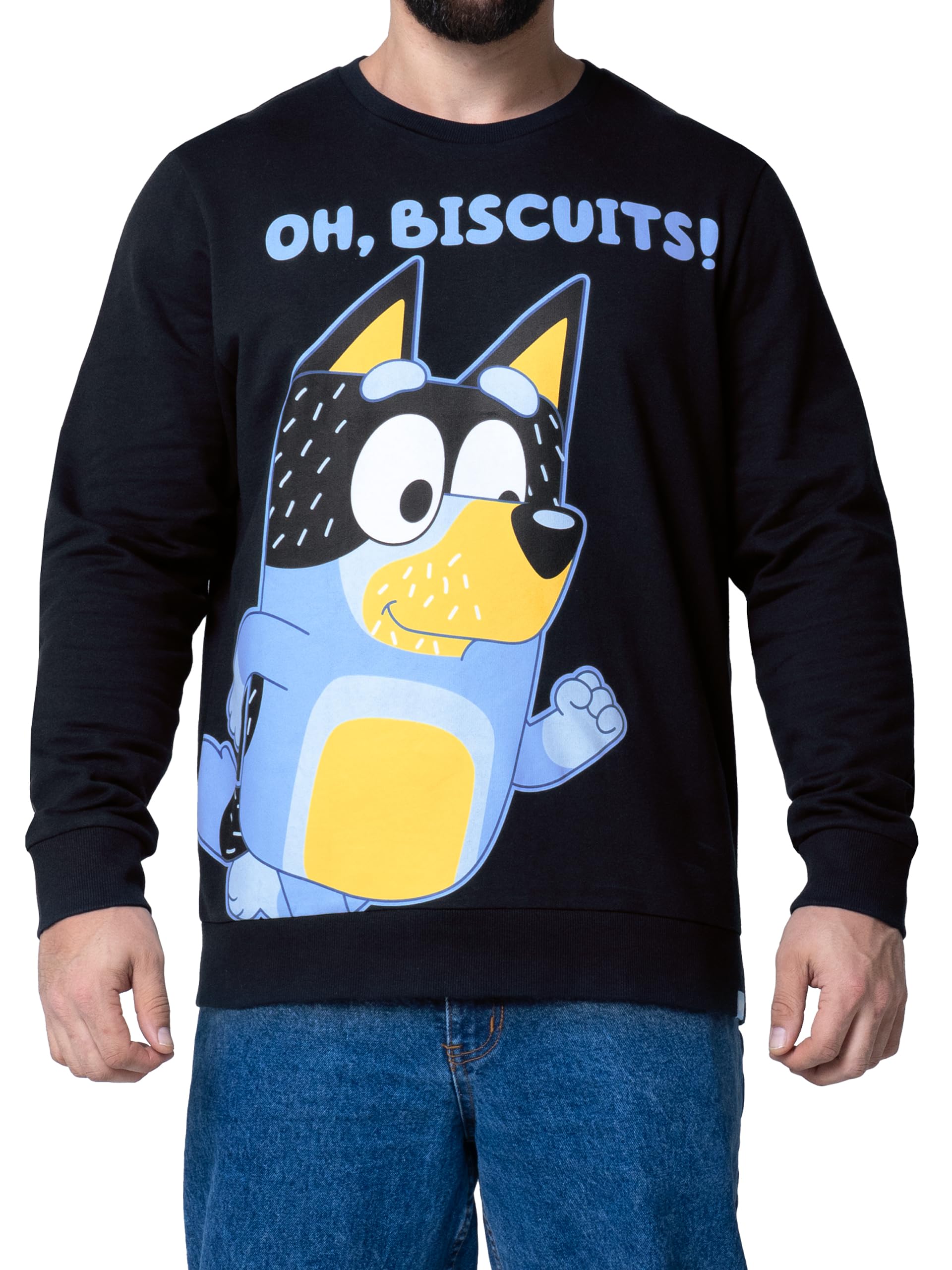 Bluey Men's Navy Sweatshirt, Bandit Sweatshirt, Cotton Jumper, Long Sleeve Pullover, Blue L