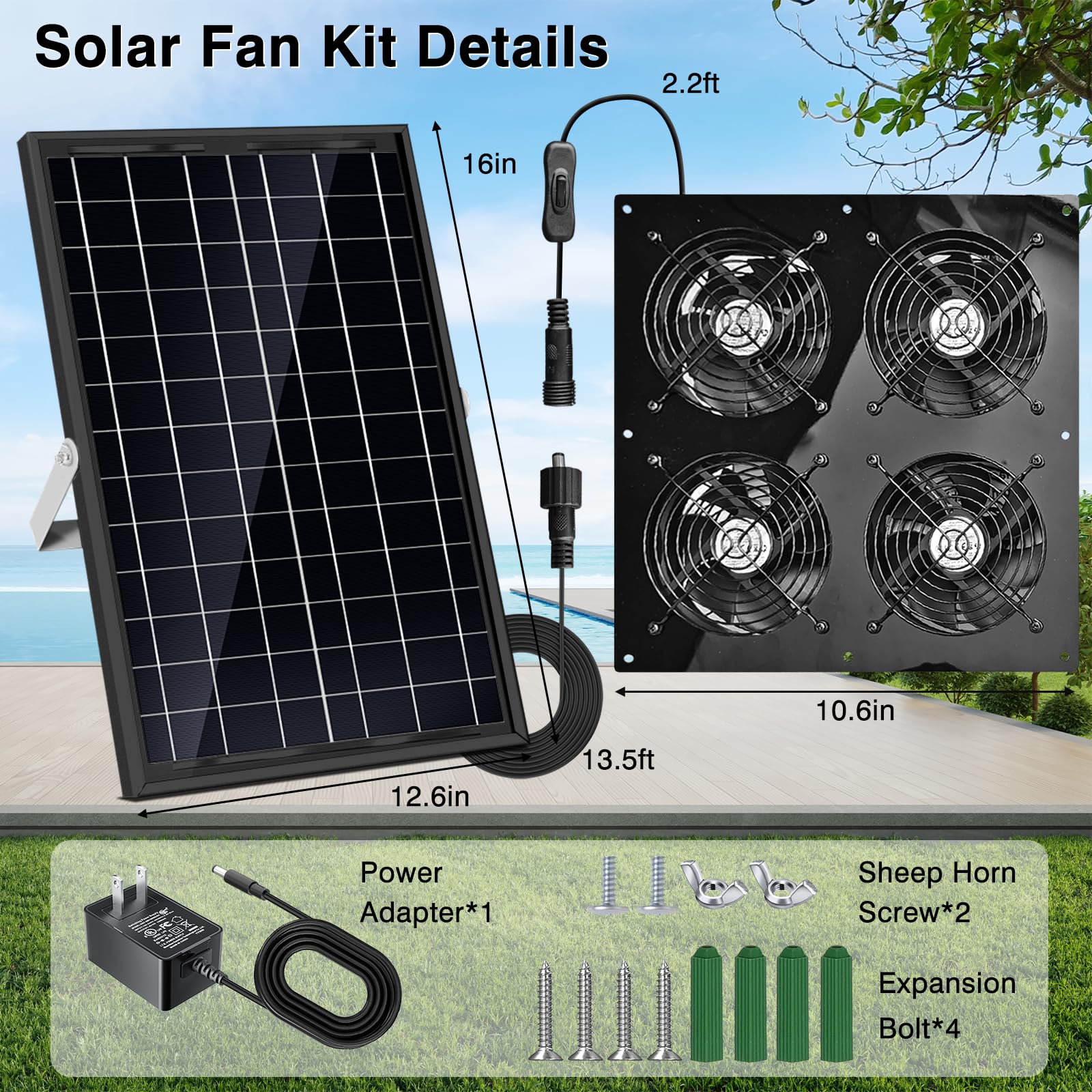 Ventilador de escape solar, ventilador solar de 25 W para gallinero, cobertizo, invernadero y ático, refrigeración de ventilación, fácil instalación, 3500 RPM, cable de 18 pies, kit de 4 ventiladores