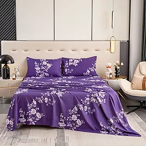 Bedlifes King Sheet Set Ultra Soft, Breathable, Silky Flower Deep Pocket 100% Microfiber Bedding, 4 Piece King Size Dark Purple Floral