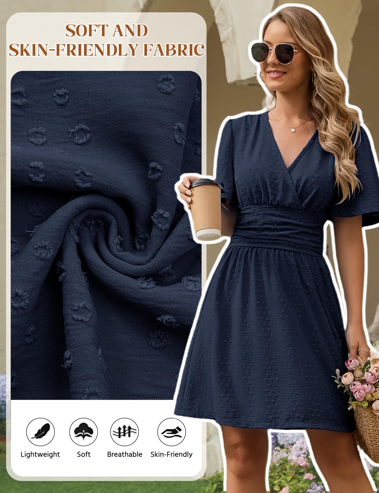 HEEKPEK Vestidos Verano Mujer Manga Corta Cuello en V Vestido de Mujer Elegante Corto Dress de Mangas Mariposa Cintura Alta Elástica Mini Vestido Sueltos Casual
