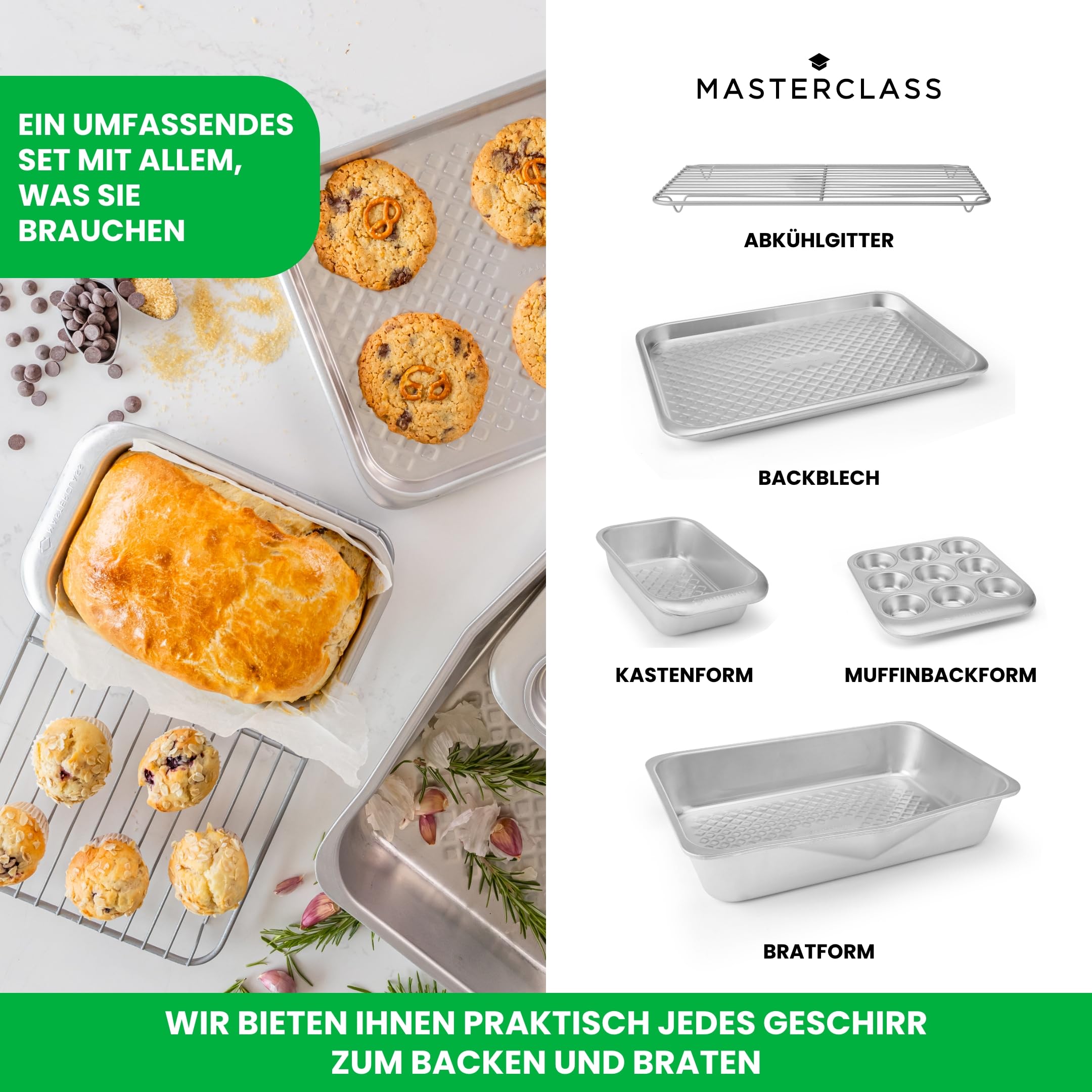 MasterClass 5-teiliges Backset aus recyceltem Aluminium, stapelbares Backformenset mit Bräter, Muffinform, 2-Pfund-Kastenform, Backblech und Drahtgitterrost