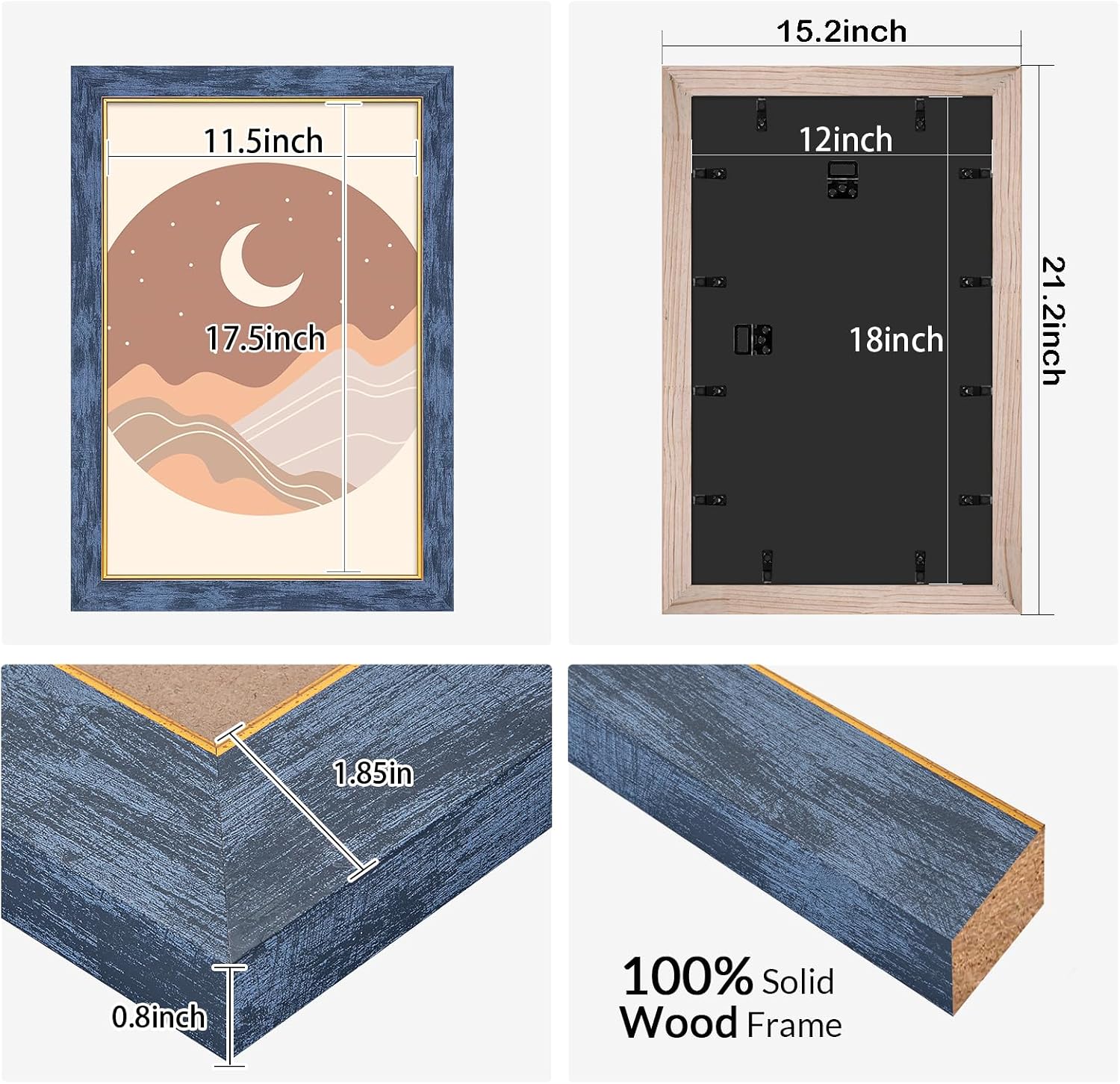 12x18 Blue Wood Frame with Gold Trim, Natural Wooden 18x12in Picture Frames, For 12 x 18inch Gallery Photo Pic with HD Plexiglass, 1.85in Widen, Horizontal Vertical Wall Display 1Pcs