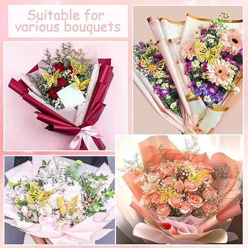 Miniatura 5 de 60 hojas de papel de regalo de flores, impermeable, ramo de floristería, papel de embalaje floral con 3 cintas, 36 mariposas 3D, 100 alfileres de
