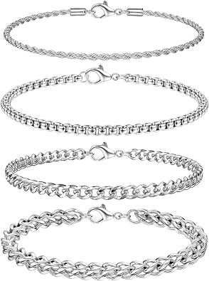 Subiceto Stainless Steel Bracelets for Men - Silver Plated Chain Bracelet Stack Non Tarnish Link Snake Cuban Rope Figaro Minimalist Mens Jewelry Set 7.7/8.3 Inch 4/2 Pcs