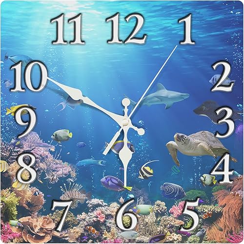 Reloj de pared, cuadrado, silencioso, sin tictac, de 12 pulgadas, arrecife de coral submarino, peces tropicales, decoración del hogar para sala de
