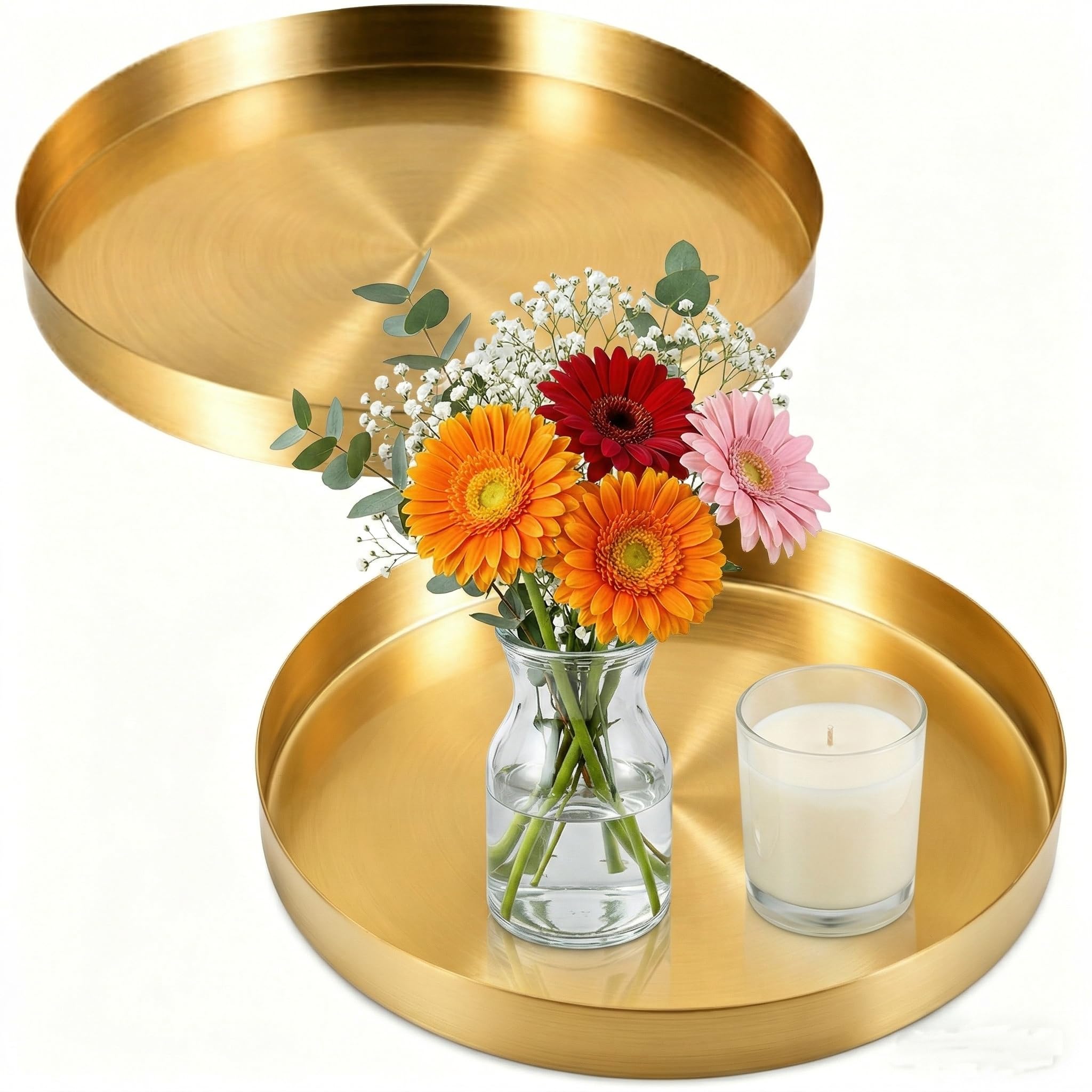Jucoan 2 Pack 20 cm Round Gold Serving Tray, Metal Decorative Vanity Tray, Bathroom Storage Organizer for Perfume, Jewelry, Food, Coffee, Tea, Candle