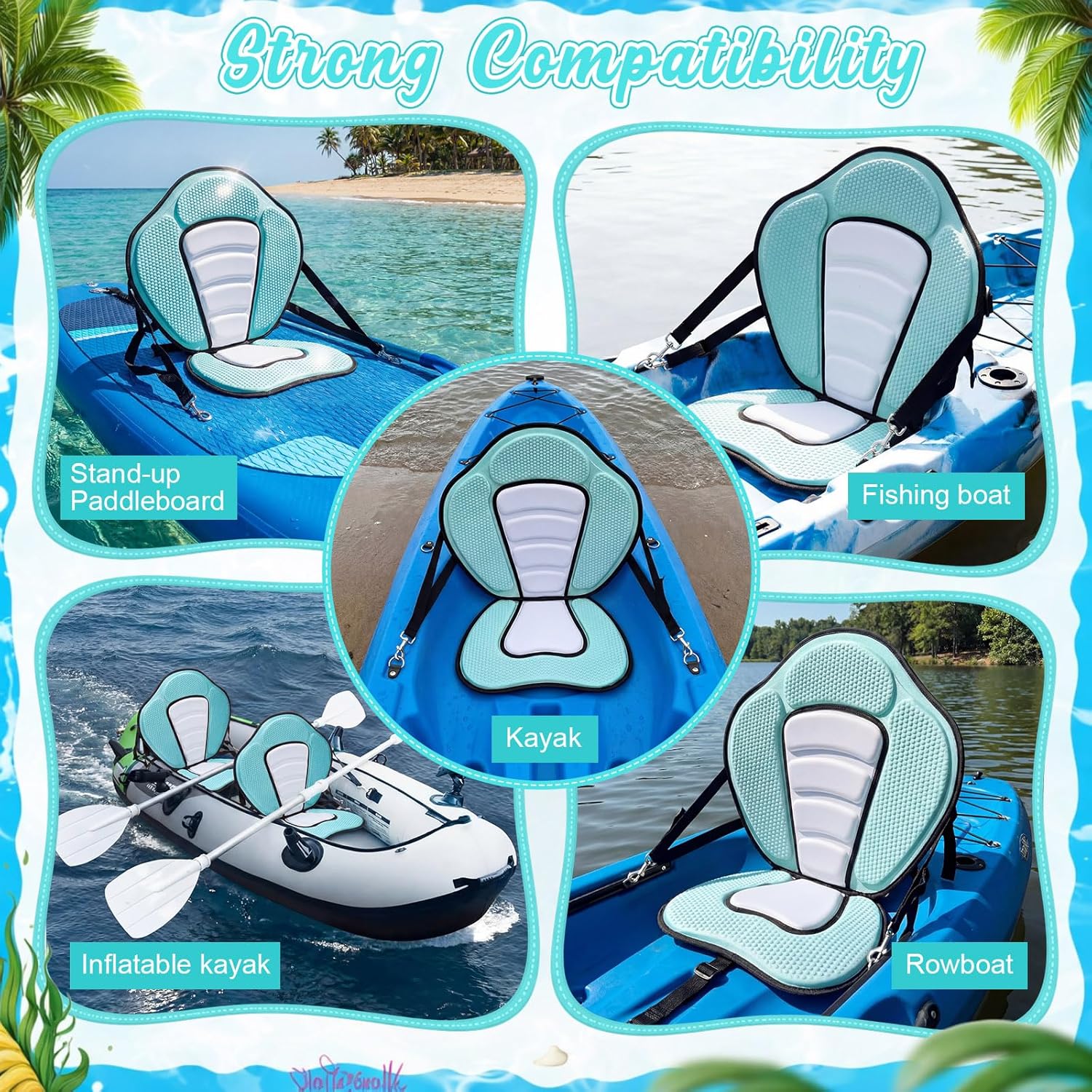 Vinsot Kayak Seat Cushion with Storage Bag for Universal Non Slip Paddle Board Seat Adjustable Boat Chair Seats with 4 Straps and High Backrest Support Kayak Boat Sup Canoe Fishing (Green and White)