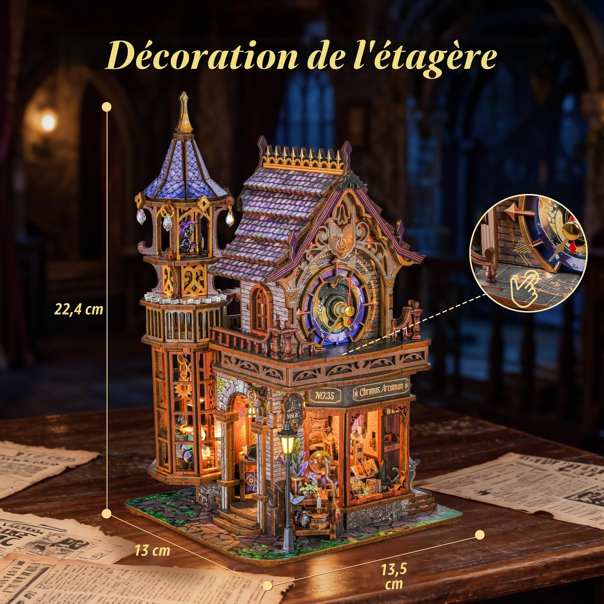 FUNPOLA Puzzle 3D en Bois LED Club de Magie du Temps – Modèle mécanique Dynamique, lumières et Mouvement, Kit Miniature DIY Tour d’Horloge Fantasy, Décoration pour Adultes et Adolescents（14+）