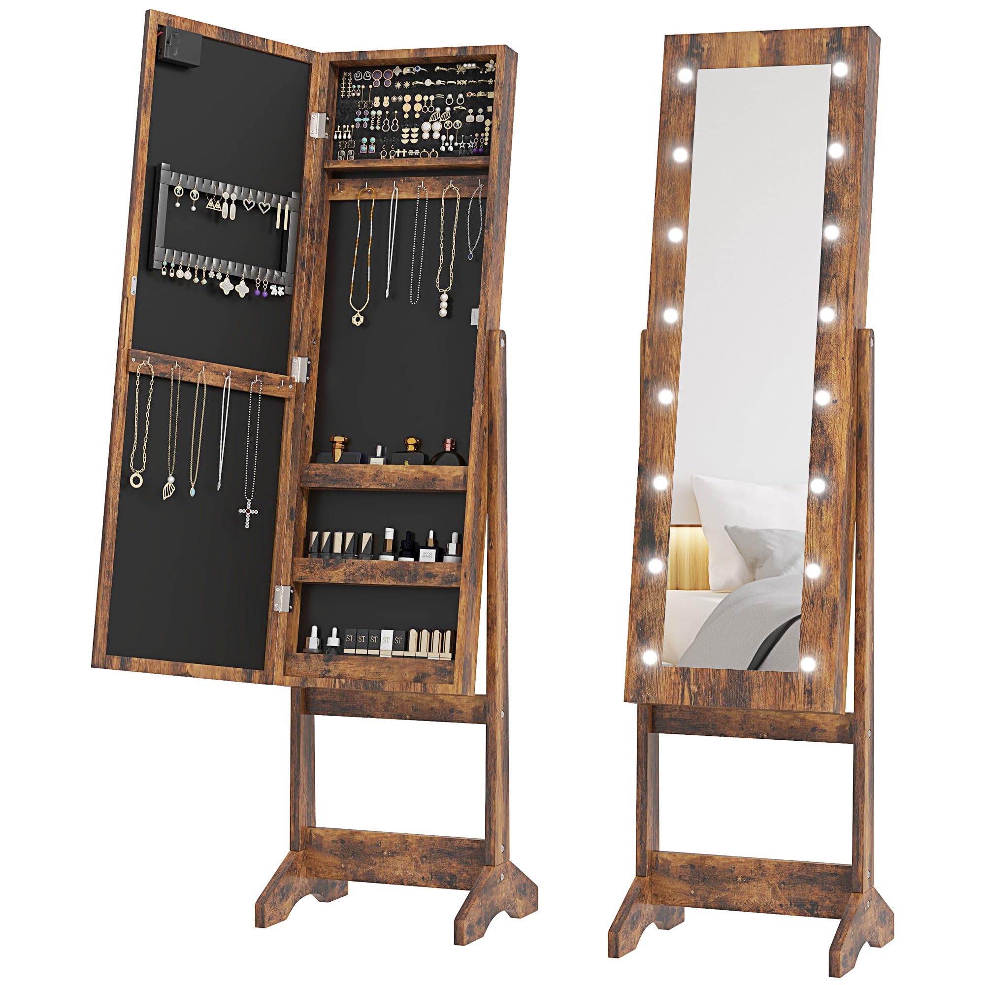 HOMCOM Freestanding Mirror Jewelry Cabinet with LED Lights, Jewellery Organiser with 3 Angle Adjustable, Full-Length Mirror with Storage for Earrings, Necklaces, Rings and Lipsticks, Rustic Brown โ image 1