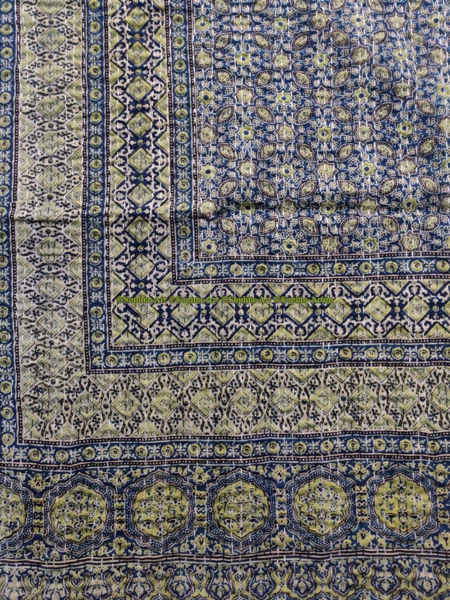 Sophia-Art Blue Cotton Kantha Quilt, Twin Size, Hand Stitch Ajrakh Bed-Cover, Indian Bohemian, Multi, 60