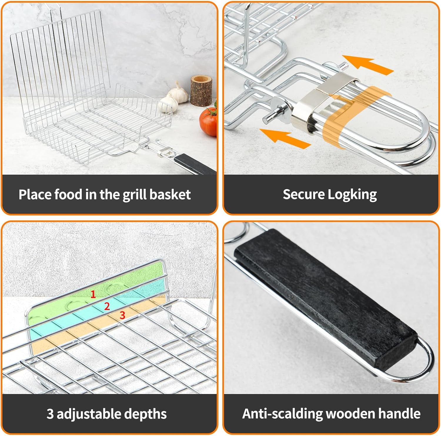 Grill Basket, Grill Baskets for Outdoor Grill With Adjustable Cover & Detachable Handle,Brush Fish Grill Basket, for Meat Vegetable, Grilling Basket, BBQ Accessory (2 Pcs)