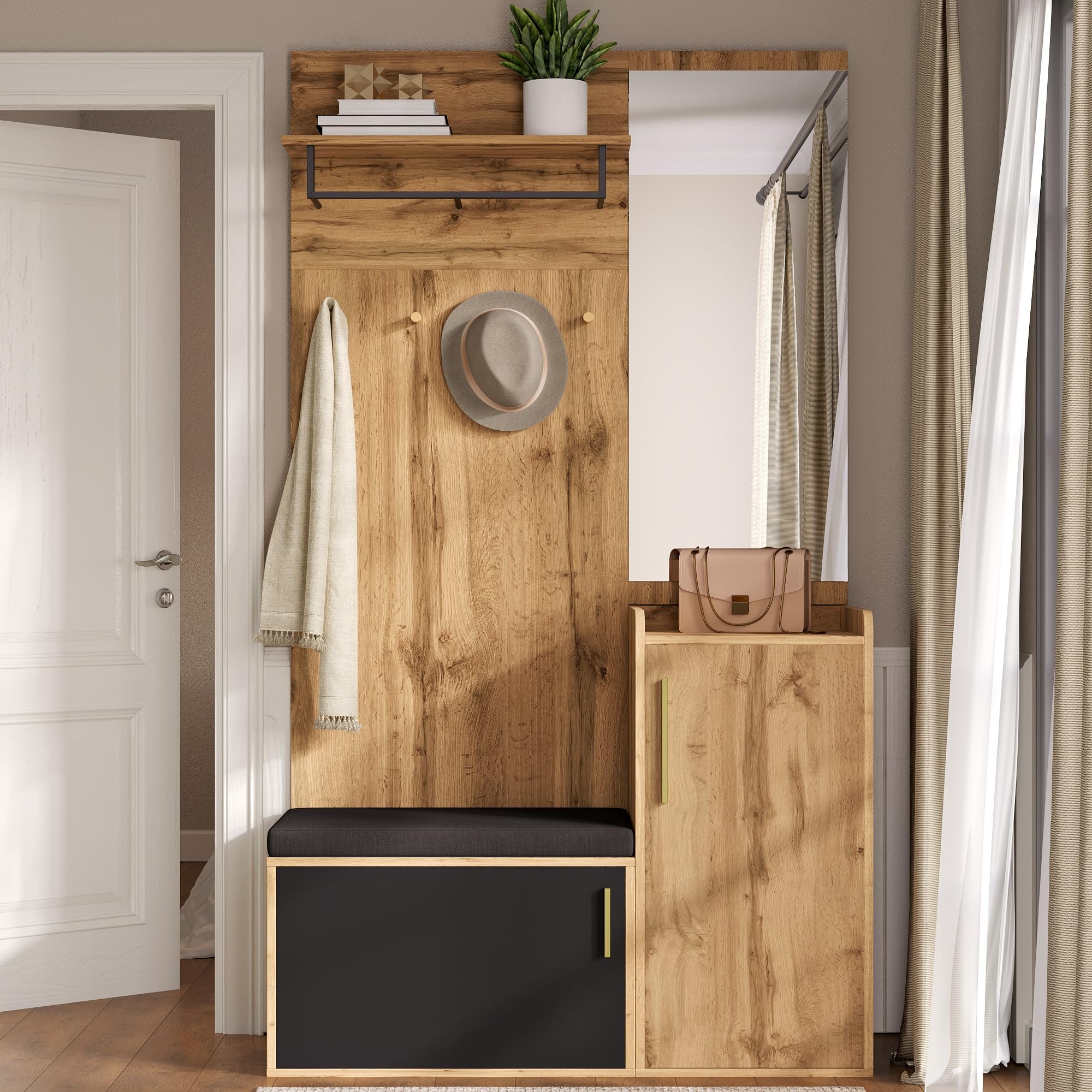 Kompaktgarderobe mit Spiegel und Sitzbank 100x38x185 cm Holzoptik Flurgarderobe Set