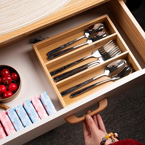 Miniatura 3 de Organizador de cubiertos de bambú para cajones de cocina, organizador de utensilios de cocina, bandeja organizadora de cubiertos para cubiertos,