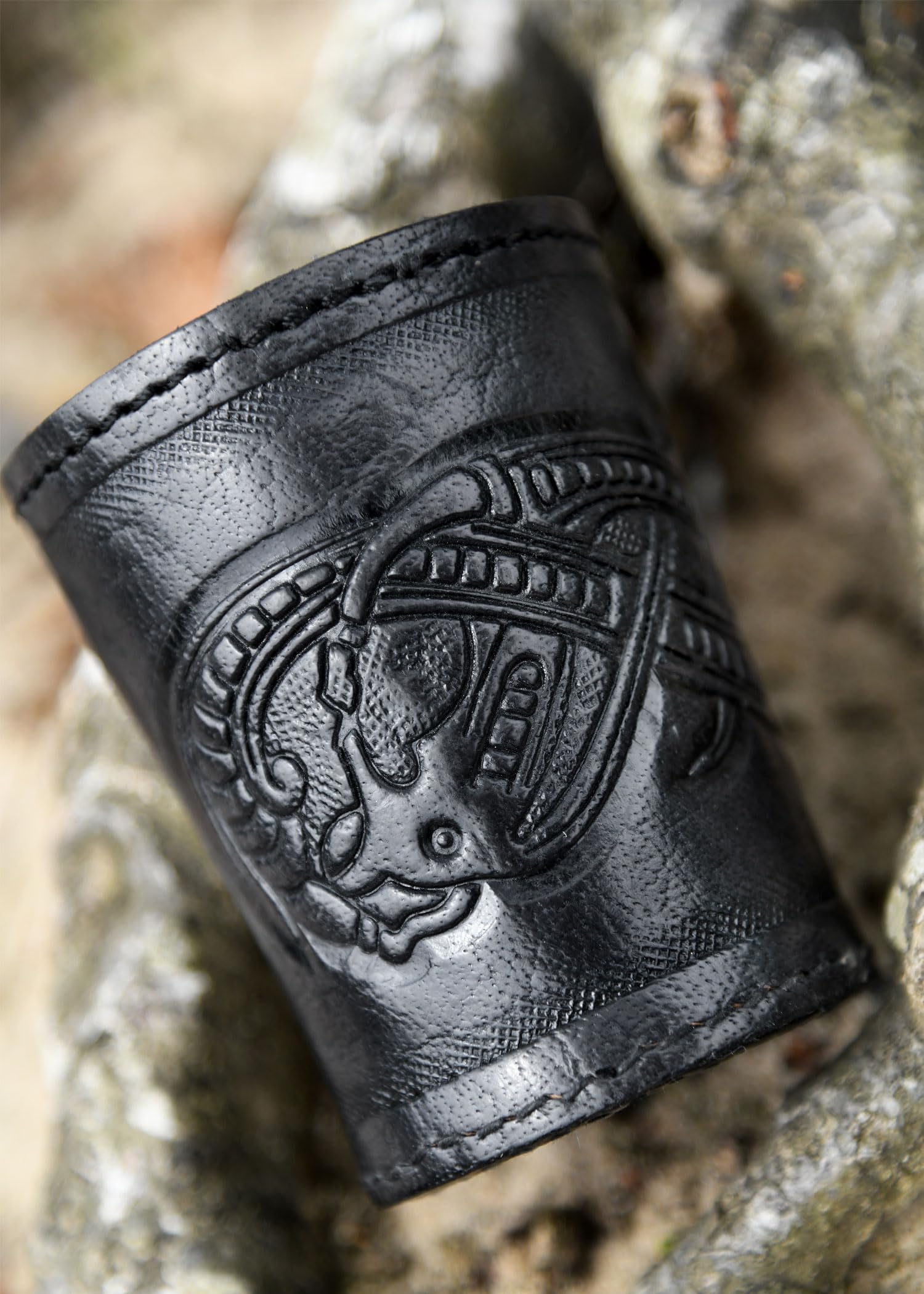 Ulfberth - Viking dice Cup with Embossed Motif - Genuine Leather - Medieval Leather Cup with Engraving (Jelling Style, Black)