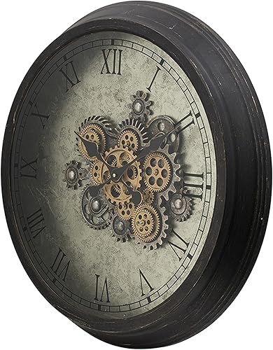 Miniatura 3 de Benjara - Reloj de pared de 28 pulgadas, diseño redondo de engranaje vintage, acabado marrón oscuro, negro y dorado