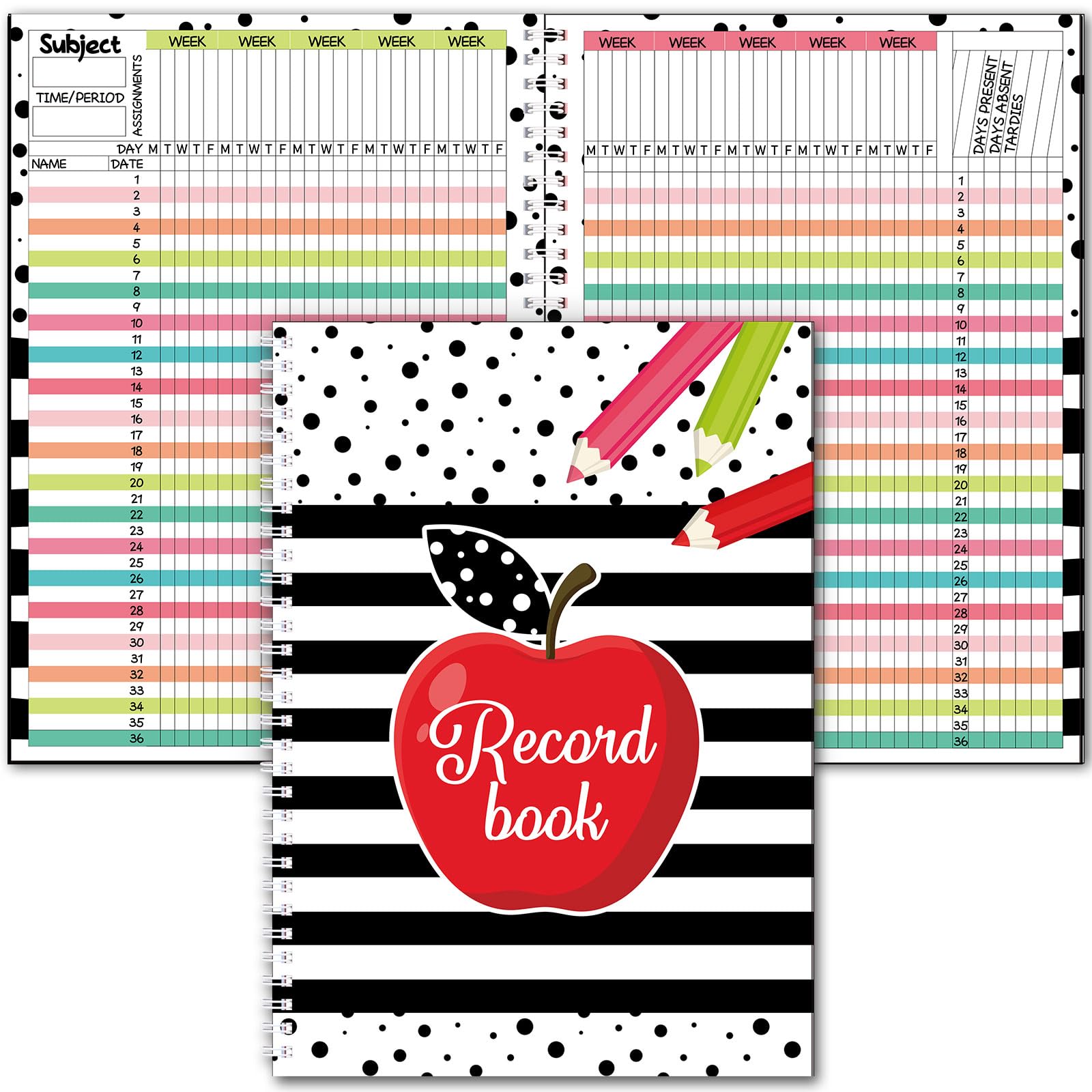 Fuyoooo Teacher Record Book Teacher Grade Book Spiral Bound Record Class Gradebook Office Favors Gift for Classroom Attendance Supplies Decoration Double Sided Color Printing (Apple) โ image 1