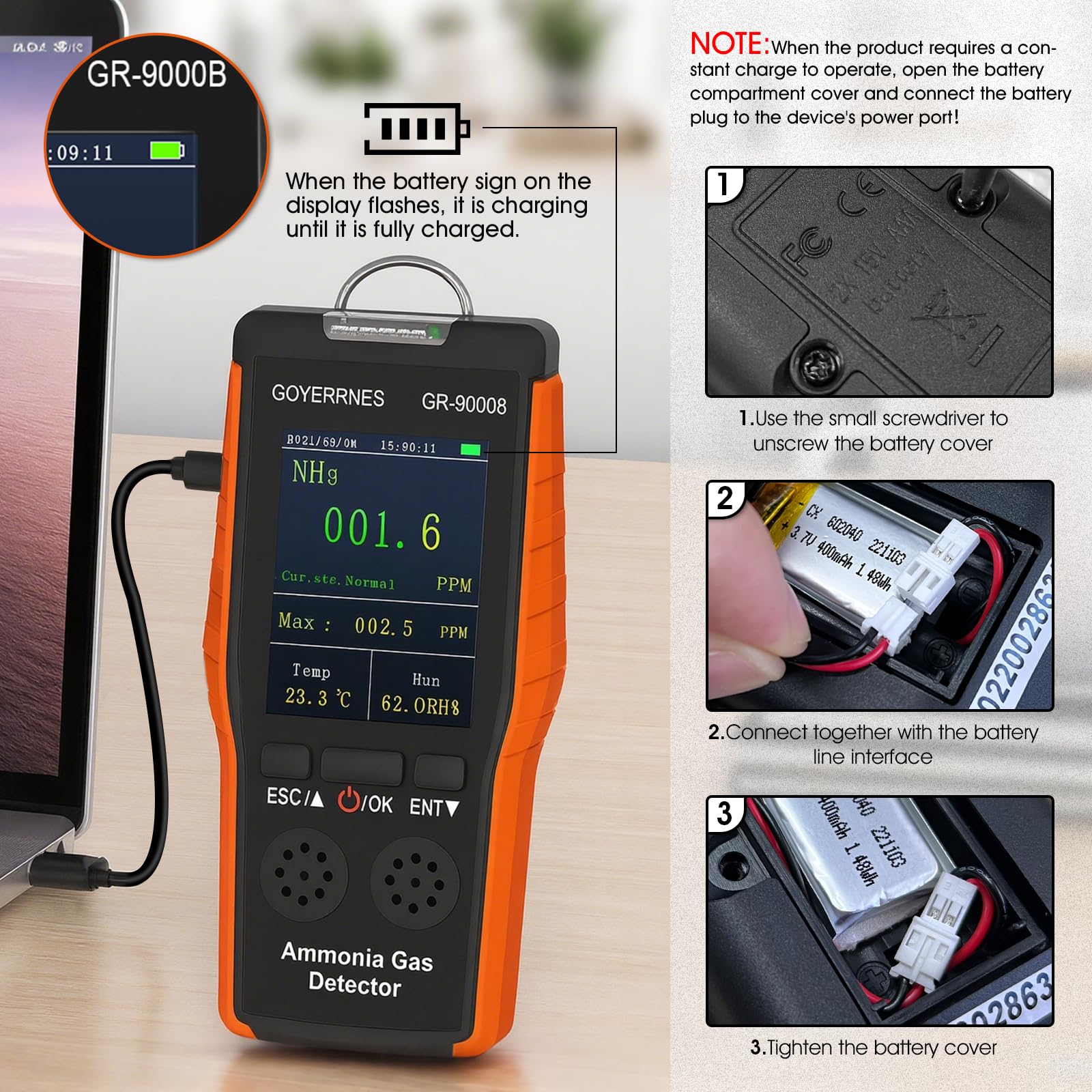 Rilevatore di gas ammoniaca Rilevatore di gas NH3 portatile con allarme Temperatura Umidità Sensore digitale per il monitoraggio continuo dell'ammoniaca Intervallo 0-100 PPM Schermo LCD Ricaricabile A