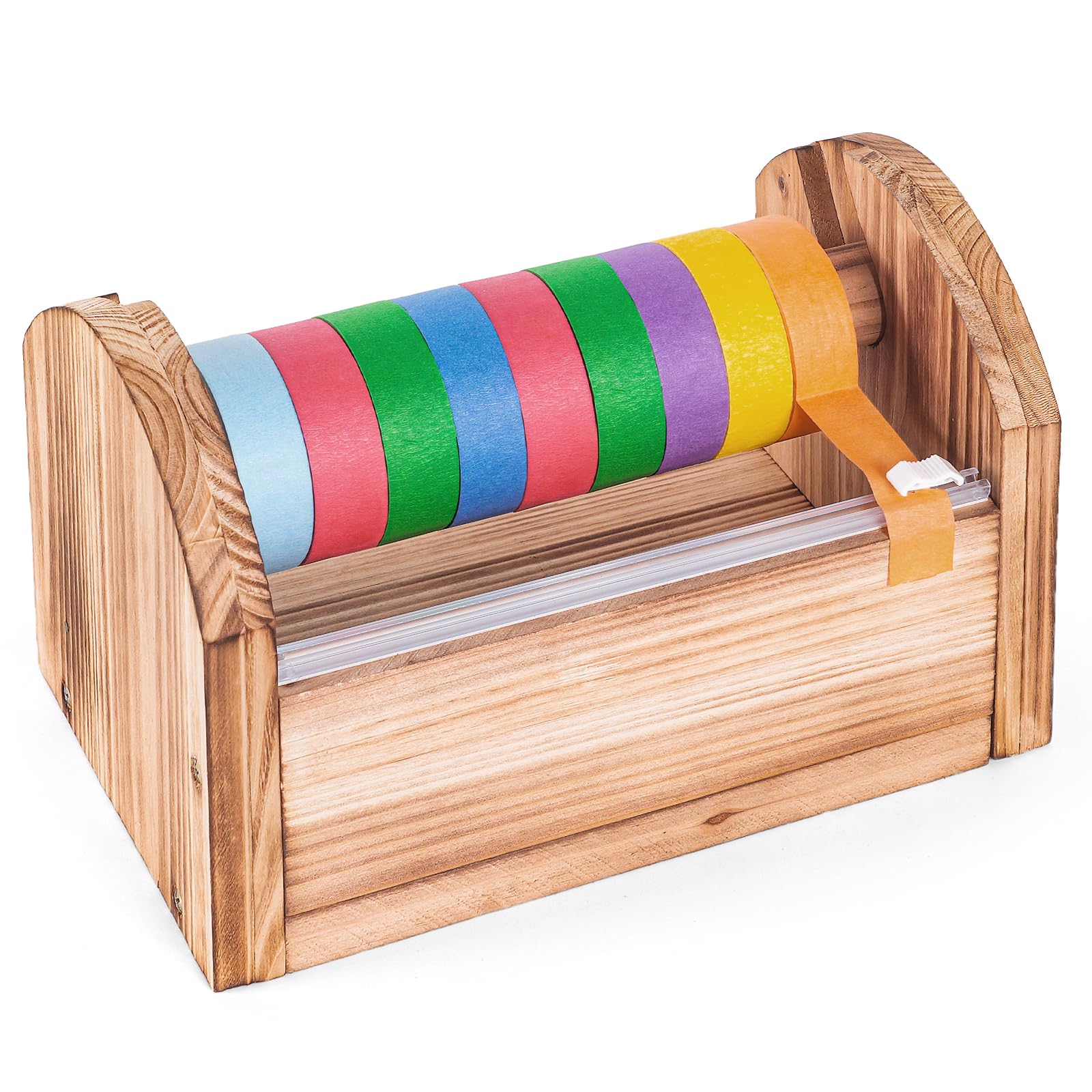 Wooden Masking Tape Dispenser for Kids - Colored Masking & Washi Tape Holder with Sliding Cutter, Multi Roll Craft Tape Dispenser Organizer for Children Gift Wrapping (Slide Cutter)