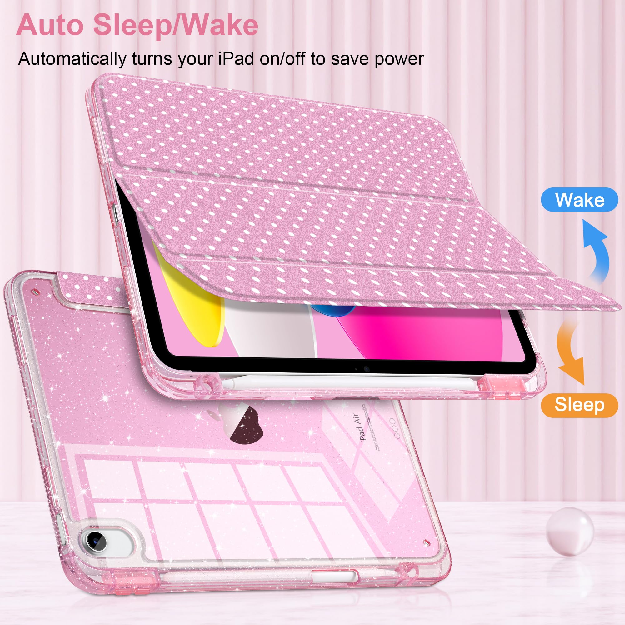 MEEgoodo Custodia per iPad Air 13" 2026 (M4) / 2025 (M3) / 2024 (M2), custodie per tablet glitterate con retro in acrilico trasparente + supporto a tre pieghe + portapenne, accensione e spegnimento