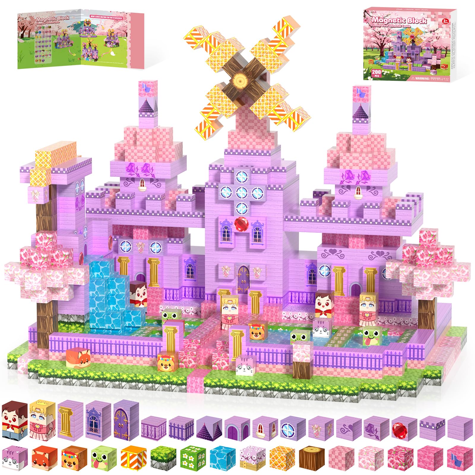 Kryzomat 200 PCS Magnetic Blocks, Magnetic Building Blocks for Kids 3+ Toddlers, Pink Castle Magnet Cubes STEM Toys for Girls Boys Birthday Christmas