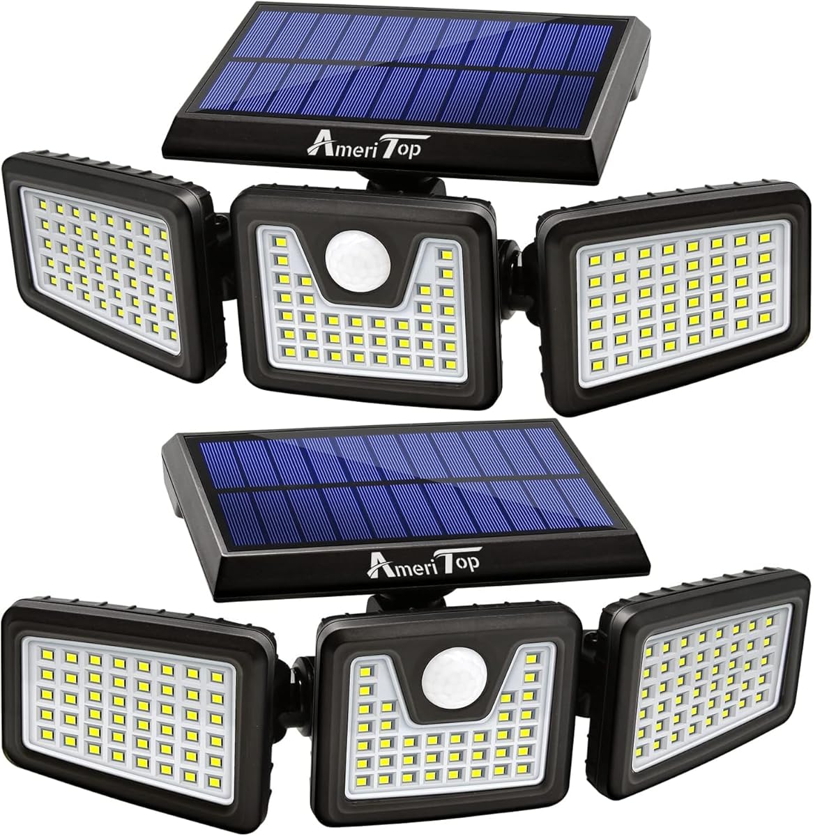 AmeriTop Solar Lights Outdoor, 2 Pack 128 High Brightness LED Cordless Solar Motion Sensor Lights; 3 Adjustable Heads, 270°Wide Angle Illumination, IP65 Waterproof, Security Flood Light