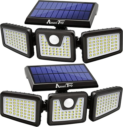 AmeriTop Luces solares para exteriores, de 800 lúmenes, inalámbricas, con sensor de movimiento solar LED, 3 cabezas ajustables, iluminación de