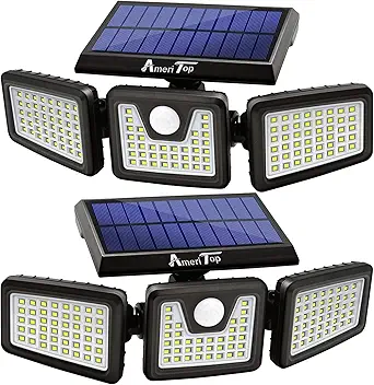 AmeriTop Solar Lights Outdoor, 2 Pack 128 High Brightness LED Cordless Solar Motion Sensor Lights; 3 Adjustable Heads, 270°Wide Angle Illumination, IP65 Waterproof, Security Flood Light