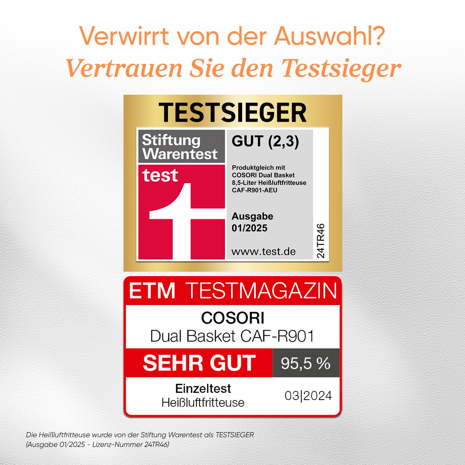 Cosori Heißluftfritteuse 8,5L 2 Kammern mit Sichtfenster NTC-Tech Gold R903