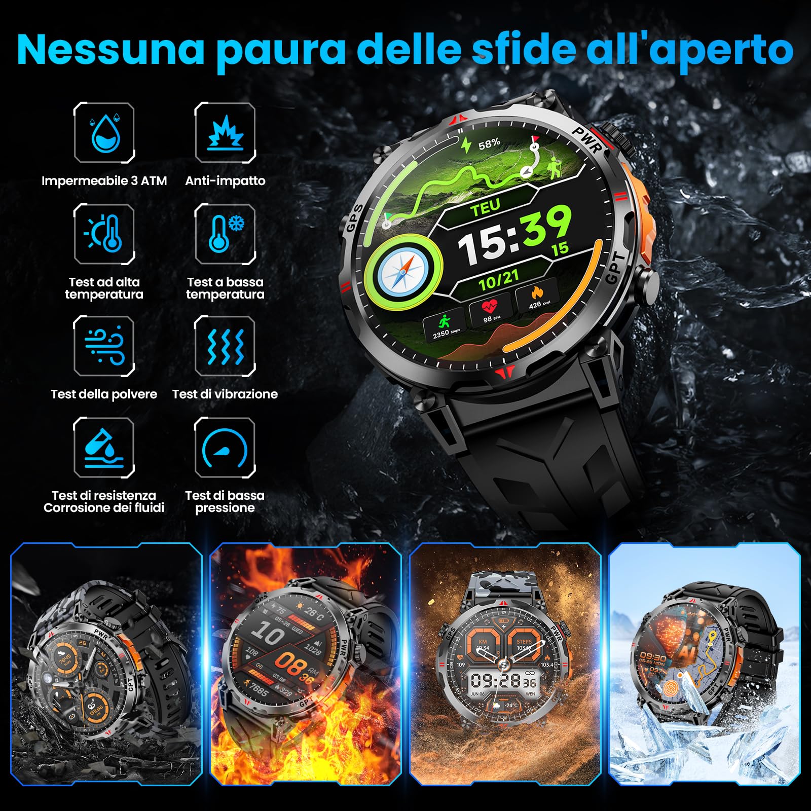 Orologio intelligente militare con GPS, orologio intelligente con assistente vocale GPT/LED Flashlight Compass,a schermo AMOLED da 1,56" Per uomini, compatibile con Android e iOS (Nero)