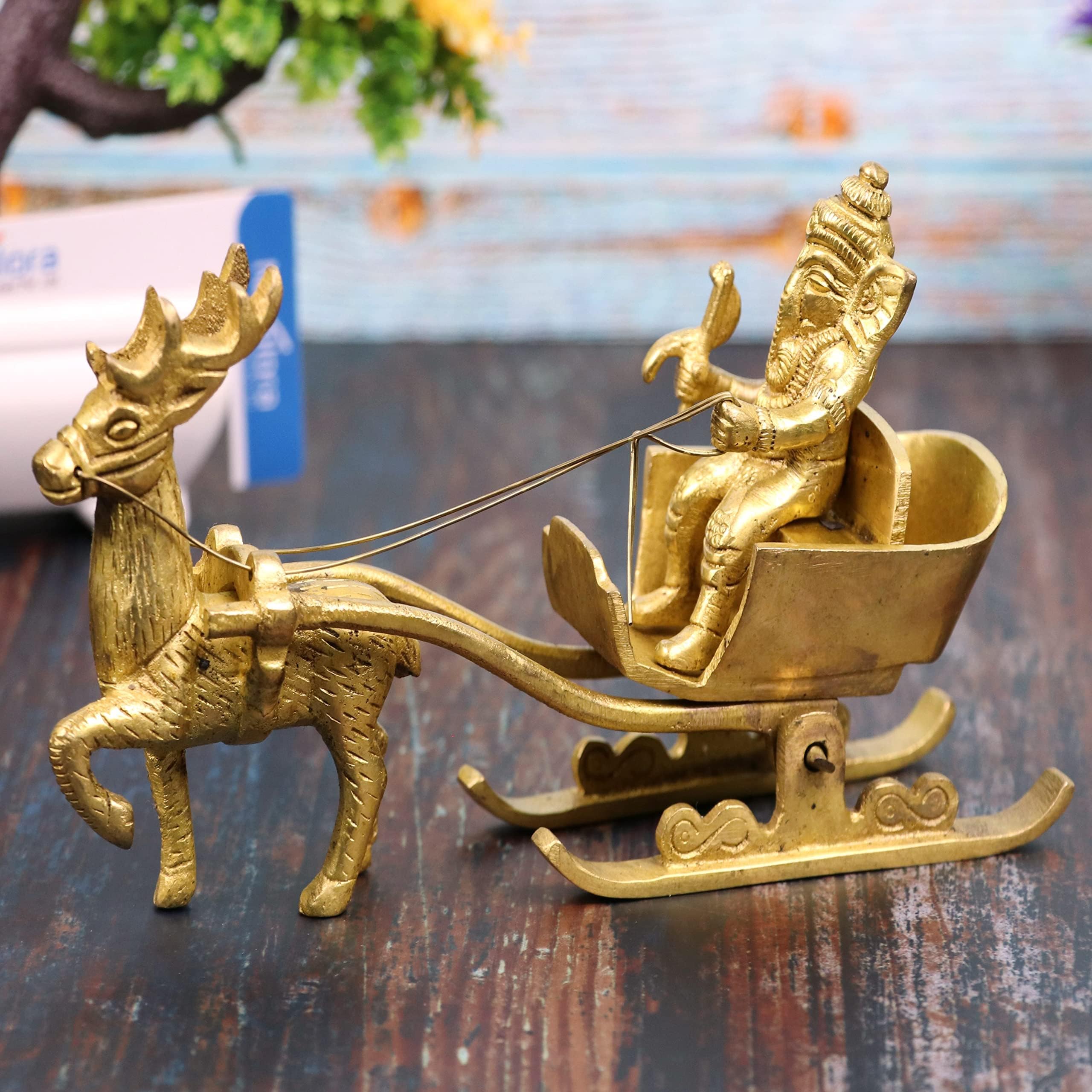 Nexplora Industries Pvt. Ltd. Brass Statue of Ganesh Riding Reindeer Santa, 18 cm Tall, Golden, 1 Piece
