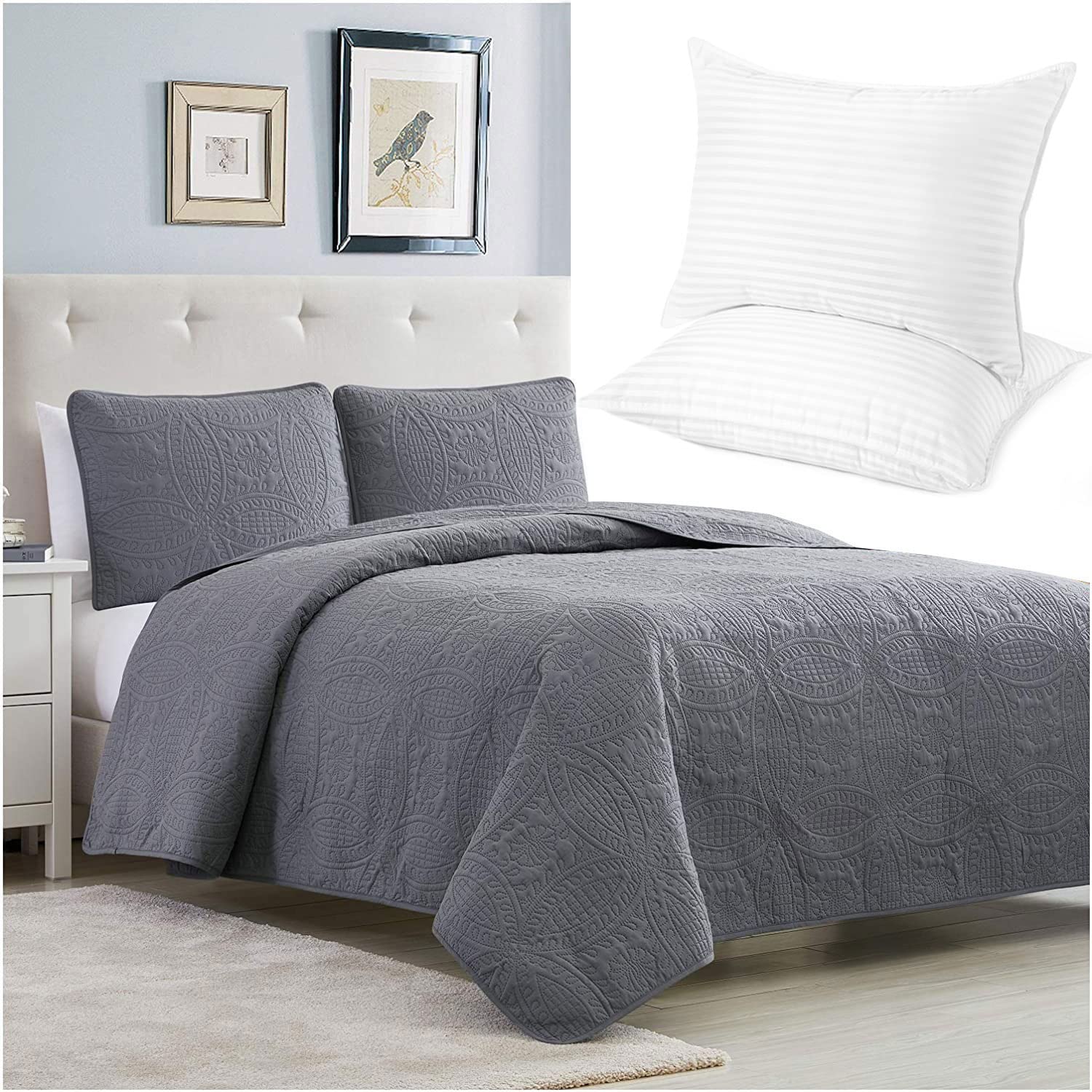 Mellanni Bedspread Coverlet Set + 2 Pillows Bundle&Save - Bundle Includes: 3 Piece King Quilt Set and Set of 2 Pillows King Size 20" x 36" (King, Gray/White)