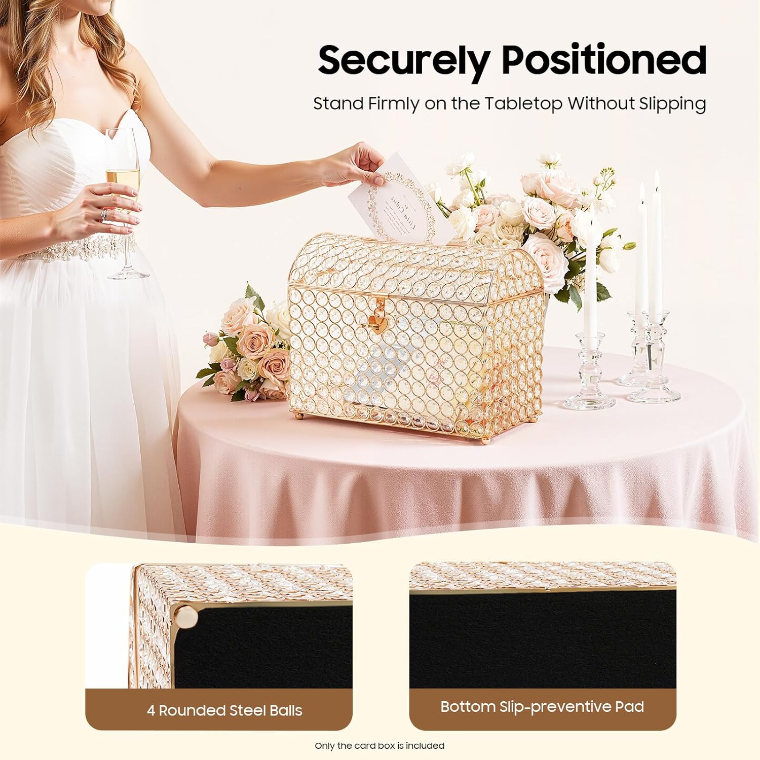 Crystal Wedding Card Box with Heart Lock, Wedding Money Box, Treasure Chest Bead Card Receiving Box for Reception, Graduation, Keepsake Display, Party Centerpiece, 12.2" x 6.3" x 9.8", Gold