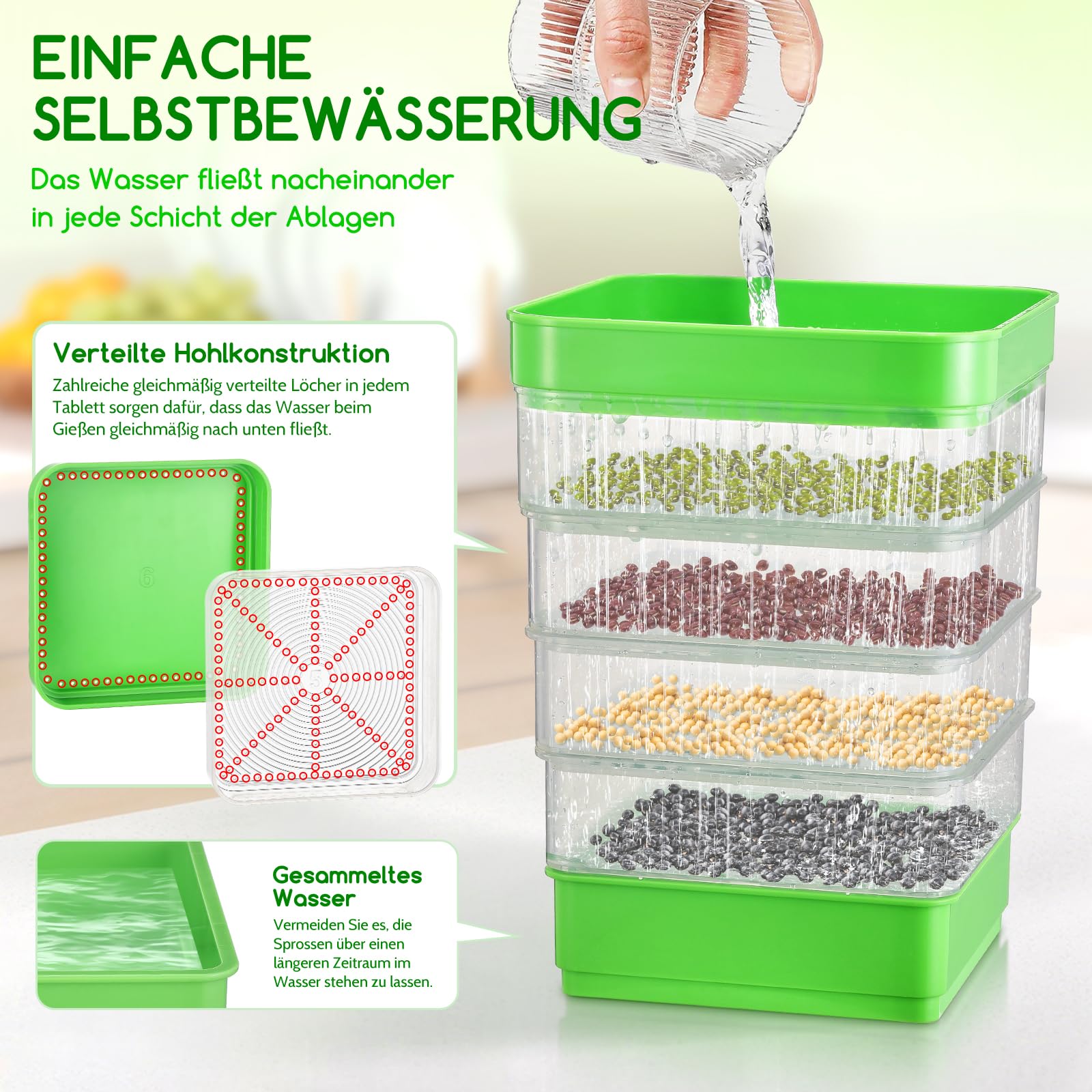 Boîte de germination à 4 étages avec couvercle et bac de récupération | Sprossen Germinateur empilable pour microgreens, pousses de haricots, alfalfa, cresse, herbe de blé, brocoli et haricots Mung