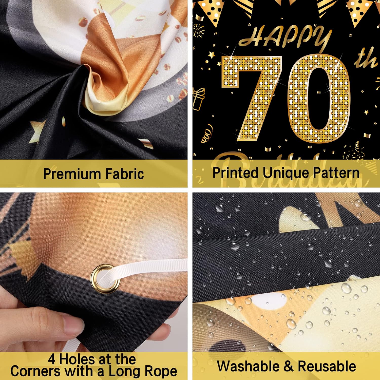 Decorazioni 70 Anni Compleanno Nero E Oro - Striscione 180x110cm Per Feste - Foto 9