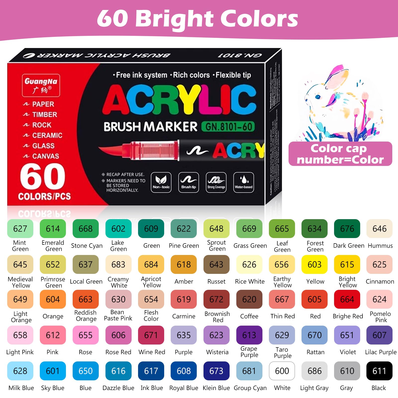 VAKKI Pennarelli Acrilici, 60 Colori Pennarelli Acrilici Acrylic Marker Brush pen per Dipingere Sassi, Tessuti, Metallo, Vetro, Legno, Tela, Ceramica, Plastic, pennarelli per colorare adulti (60)